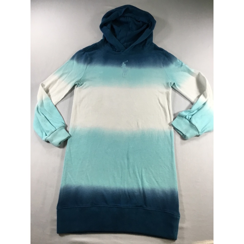 Polo Ralph Lauren M Hoodie Girls Blue Ombre Dip Dye Fall Sweatshirt Dress Tunic